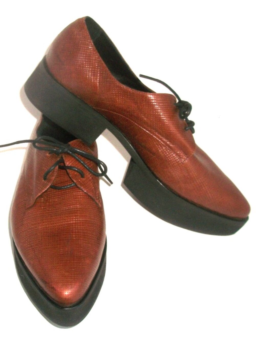 Katz & Birds Handmade Textured Brown Leather Pointy Platform Oxfords
